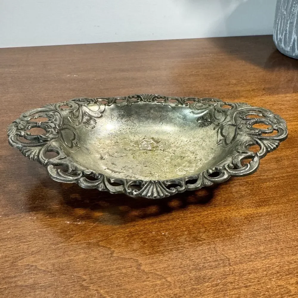 Antique Art Nouveau Silverplate Pierced Bon Bon Bread Tray Floral Openwork 7